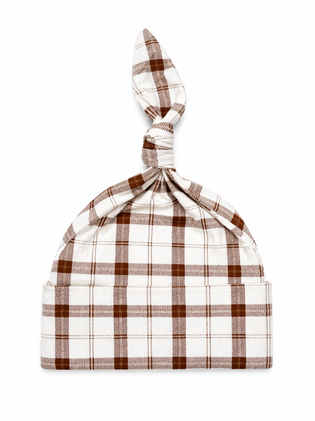 White and brown plaid baby hat with a knot at the top, suitable for infants.