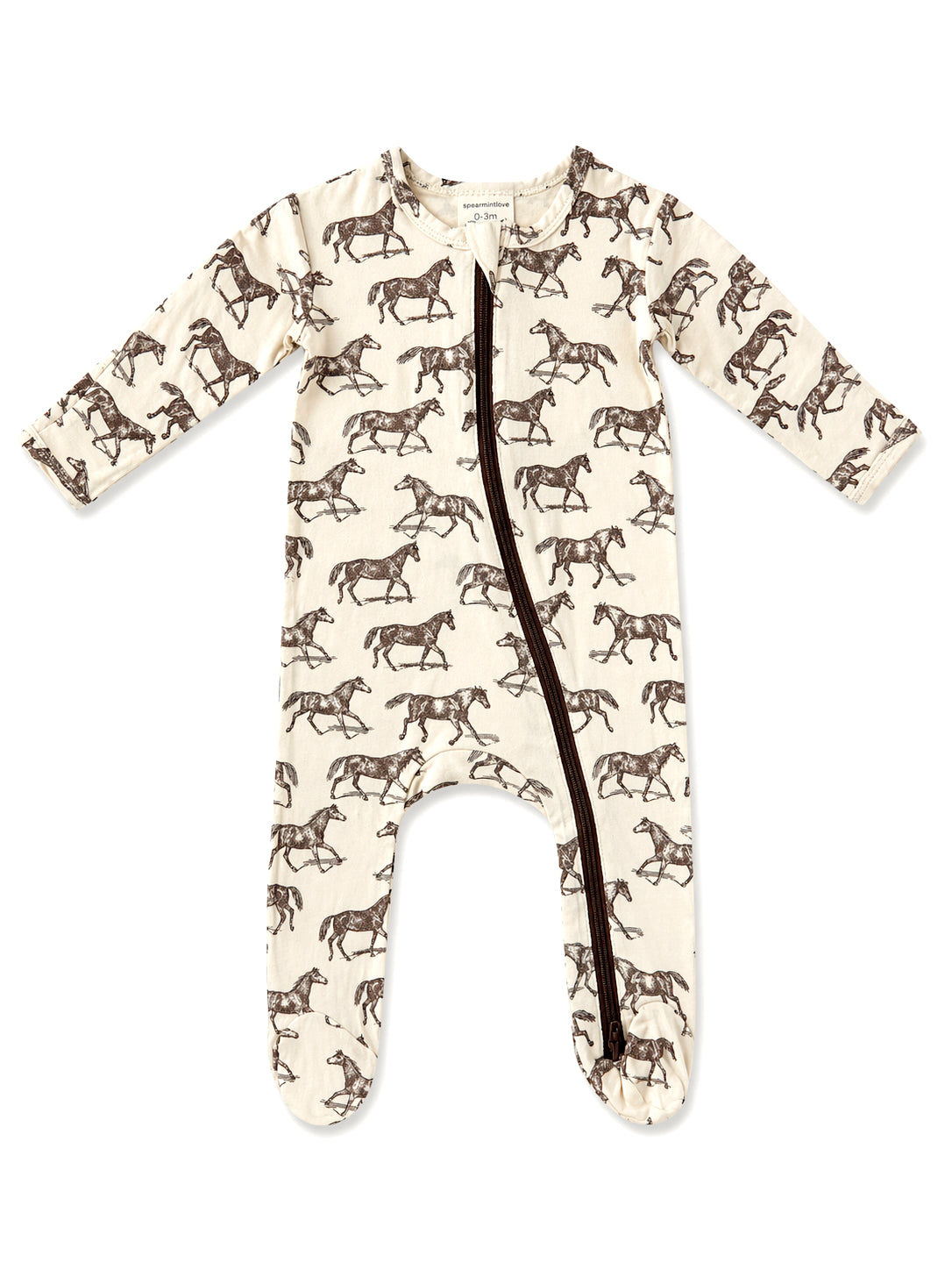 Cream-colored baby romper with a horse print and a front zipper, designed for comfort and style.