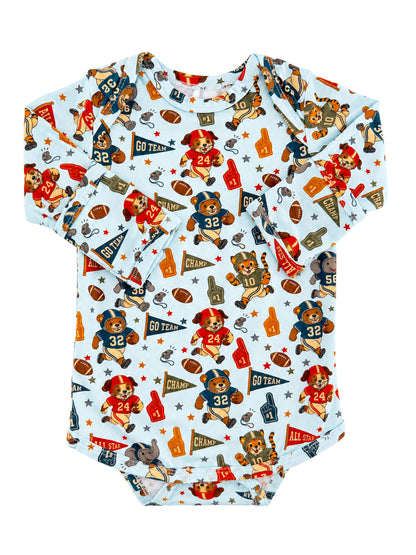 Light blue baby onesie featuring playful bear illustrations, footballs, and sports-themed designs.