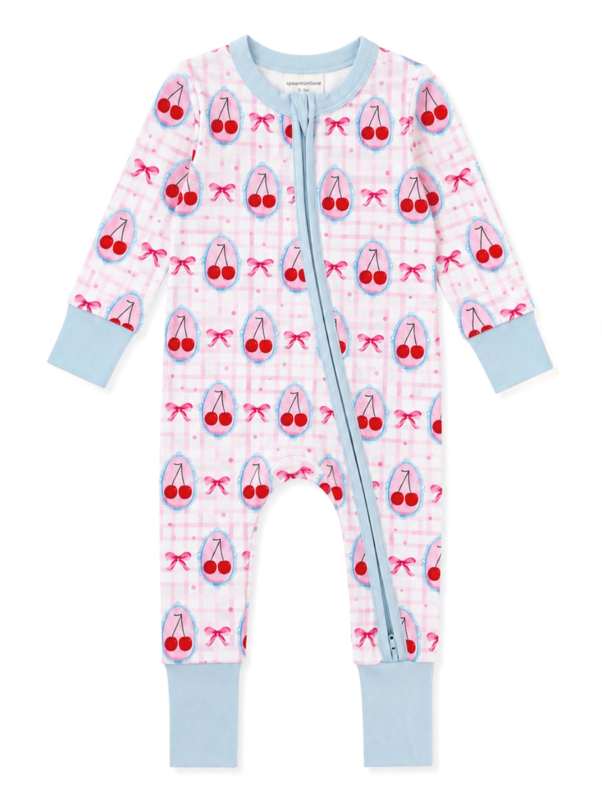 Baby jumpsuit with cherry pattern on pink gingham background and blue accents. Features full front zipper.
