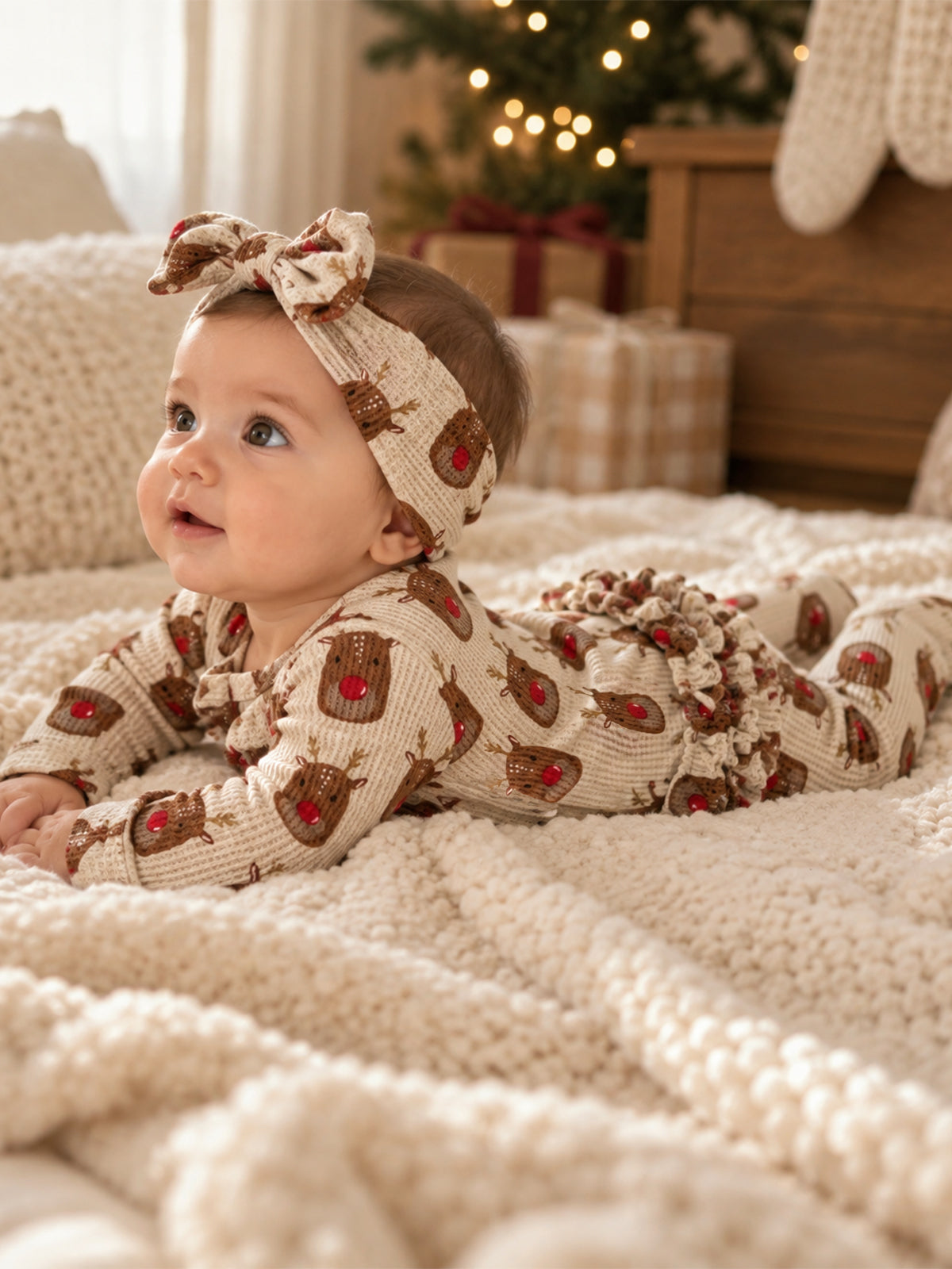 Organic Waffle Ruffle Zip Footie, Reindeer