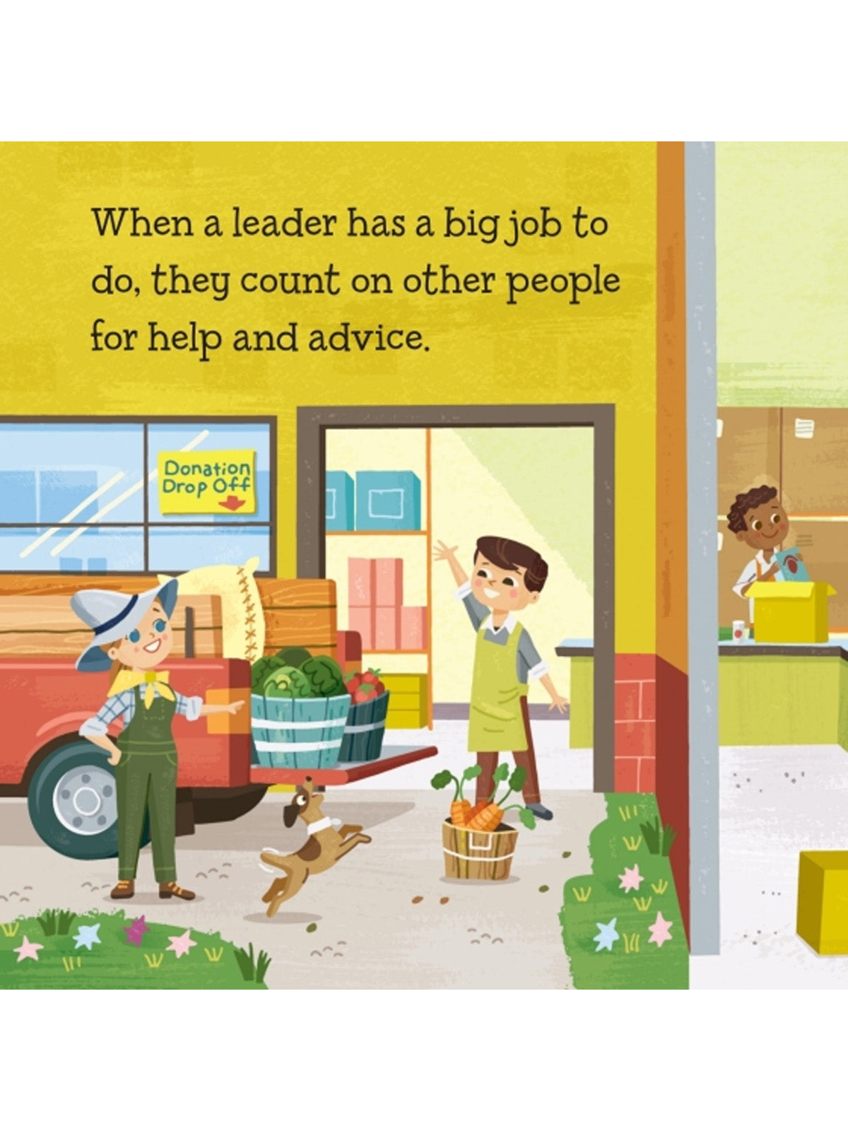 Illustration of a community helping with a donation drop-off, featuring people, fruits, vegetables, and a dog.