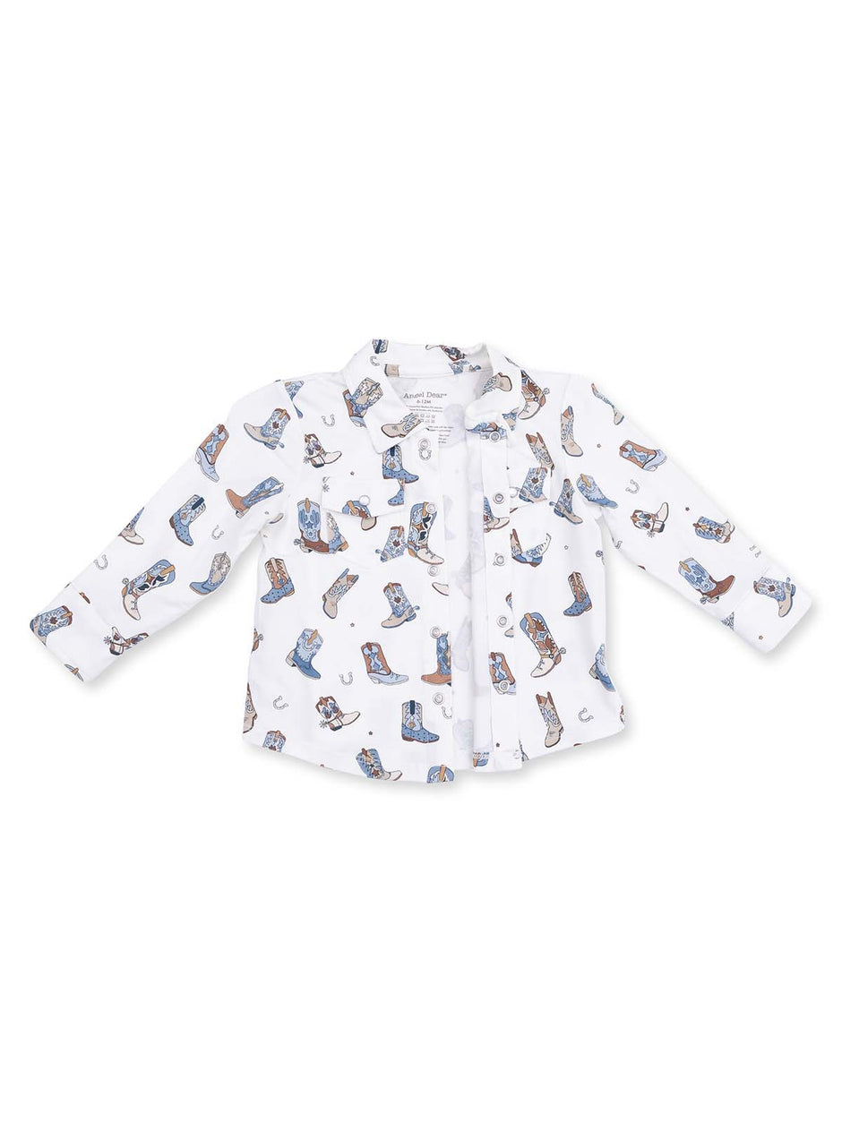 White long-sleeve shirt with colorful cowboy boots and accessories pattern. Perfect for casual wear.