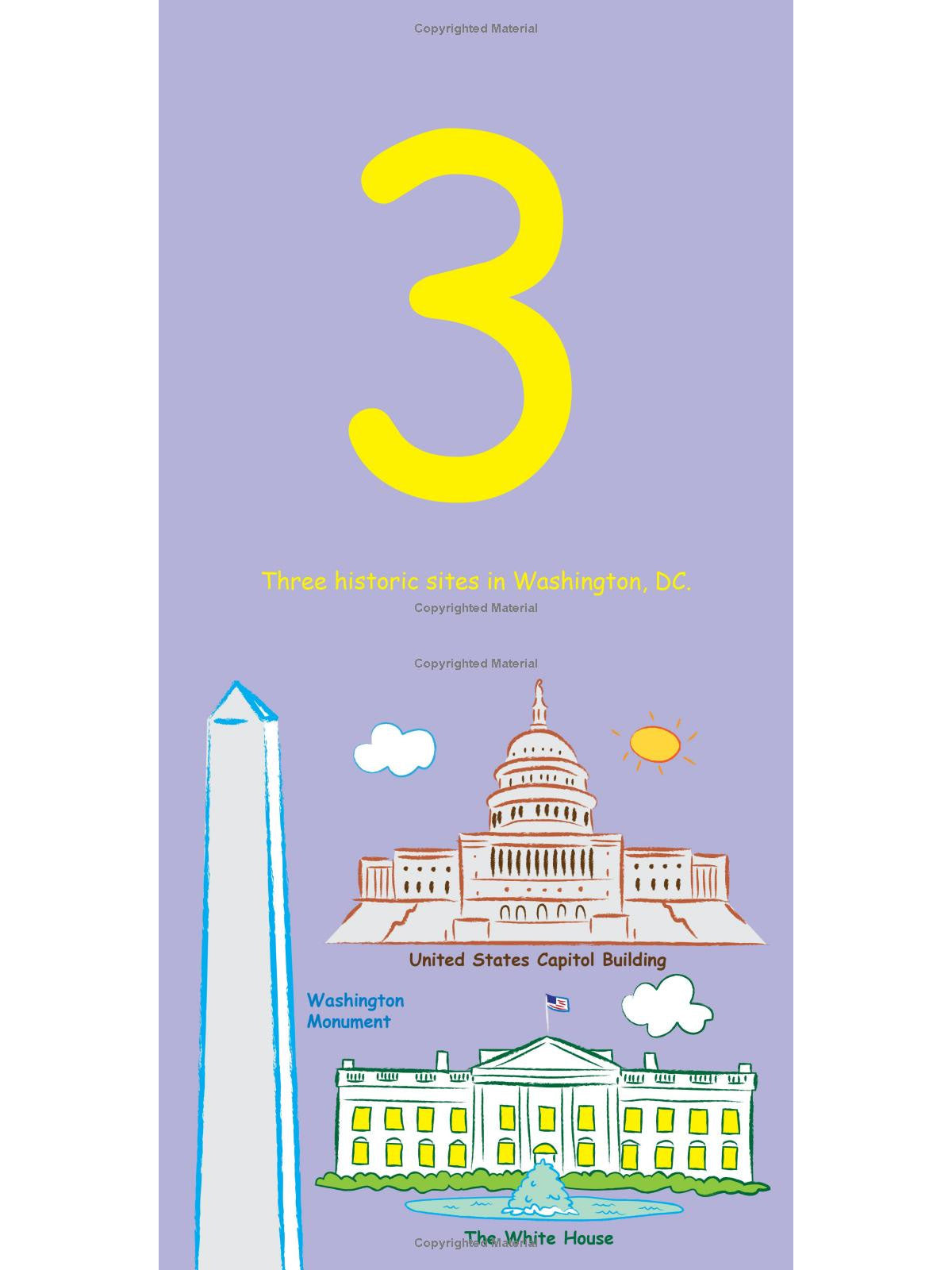 "Illustration of three historic sites in Washington, D.C.: the Washington Monument, U.S. Capitol, and the White House."