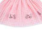 Pink gingham skirt with decorative sequined tractors on the hem. Ideal for children's casual wear.