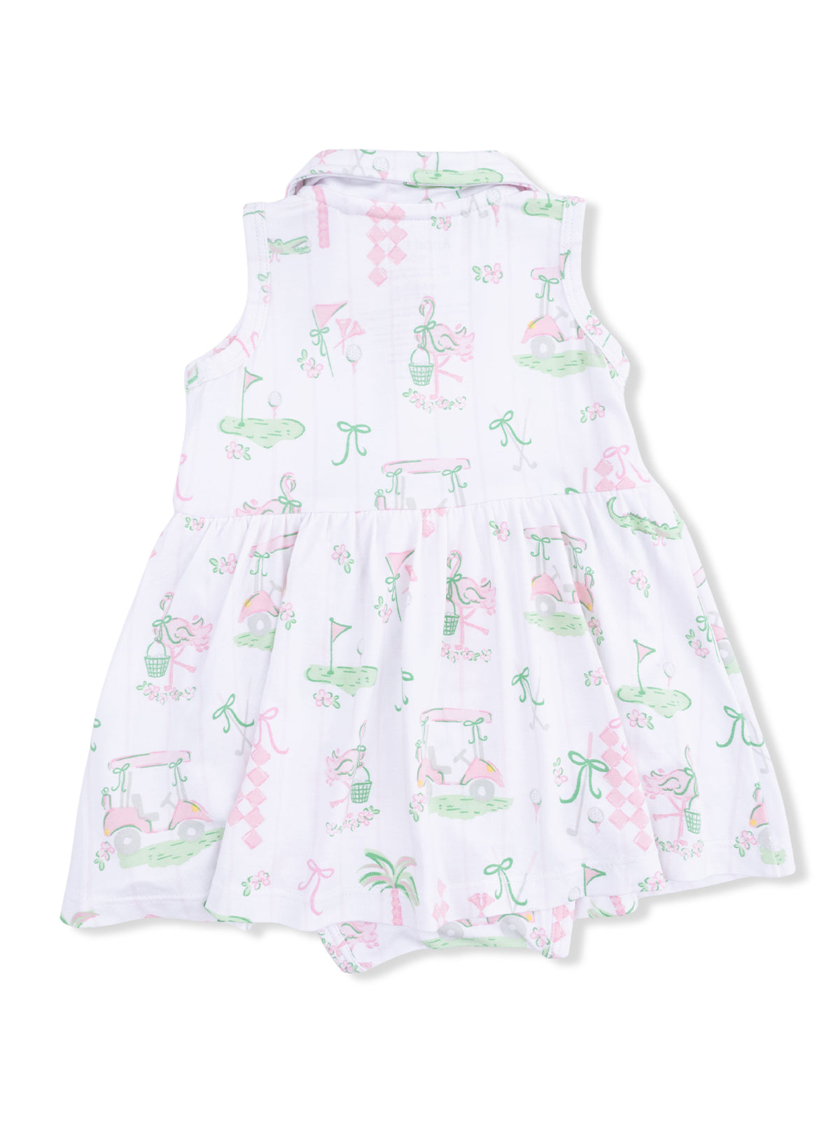 Patterned baby dress with golf and flamingo motifs in pastel colors. Ideal for warm weather wear.