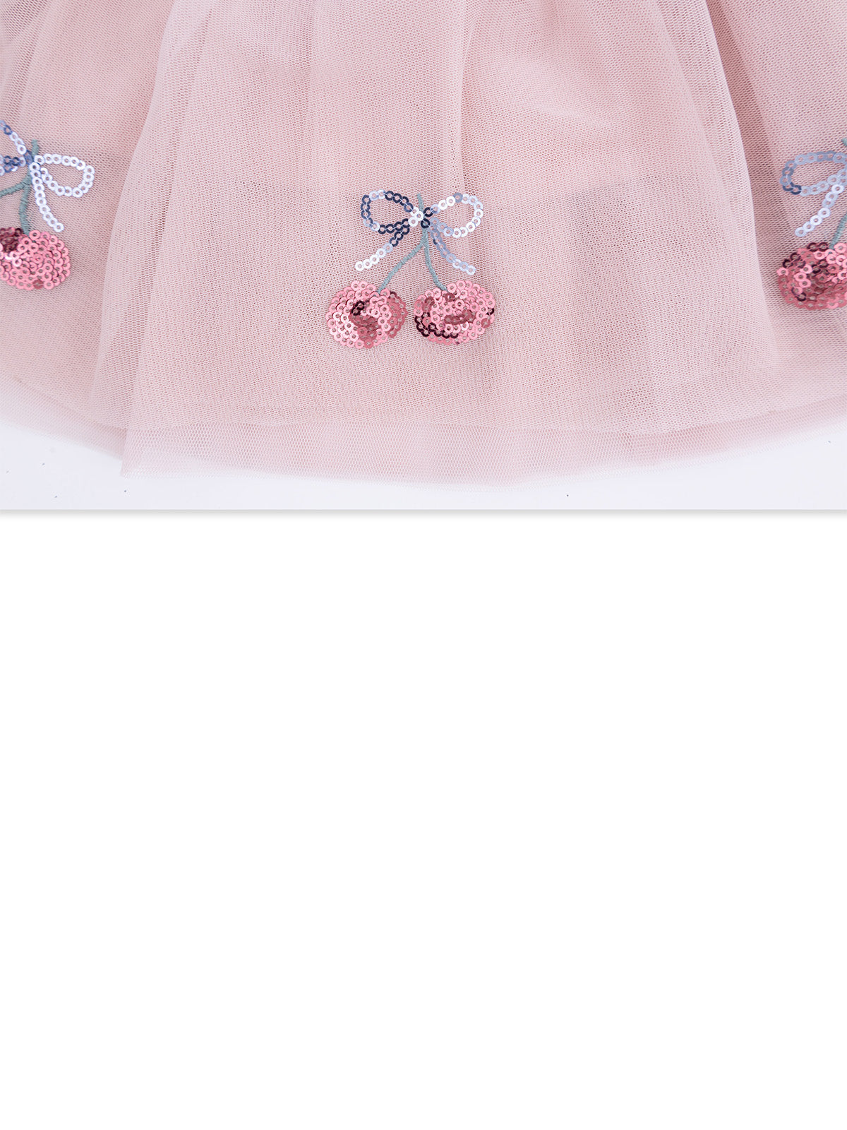 Pink tulle fabric with sequined cherry and bow embellishments. Ideal for children's clothing and dress-up outfits.