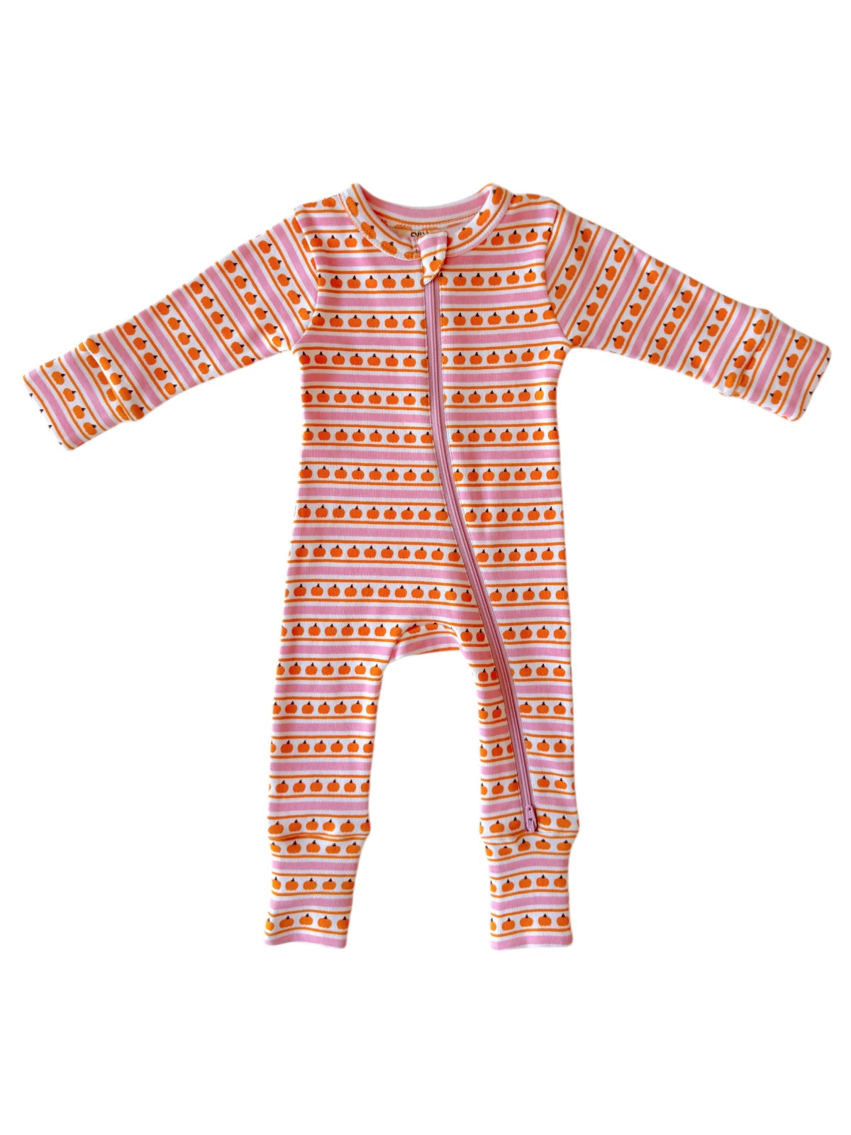 Baby onesie with a colorful pumpkin pattern and a front zipper for easy dressing.