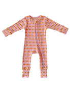 Baby onesie with a colorful pumpkin pattern and a front zipper for easy dressing.