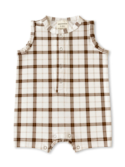 Infant sleeveless romper in a brown and white plaid pattern, featuring snap closures and a soft bamboo blend fabric.