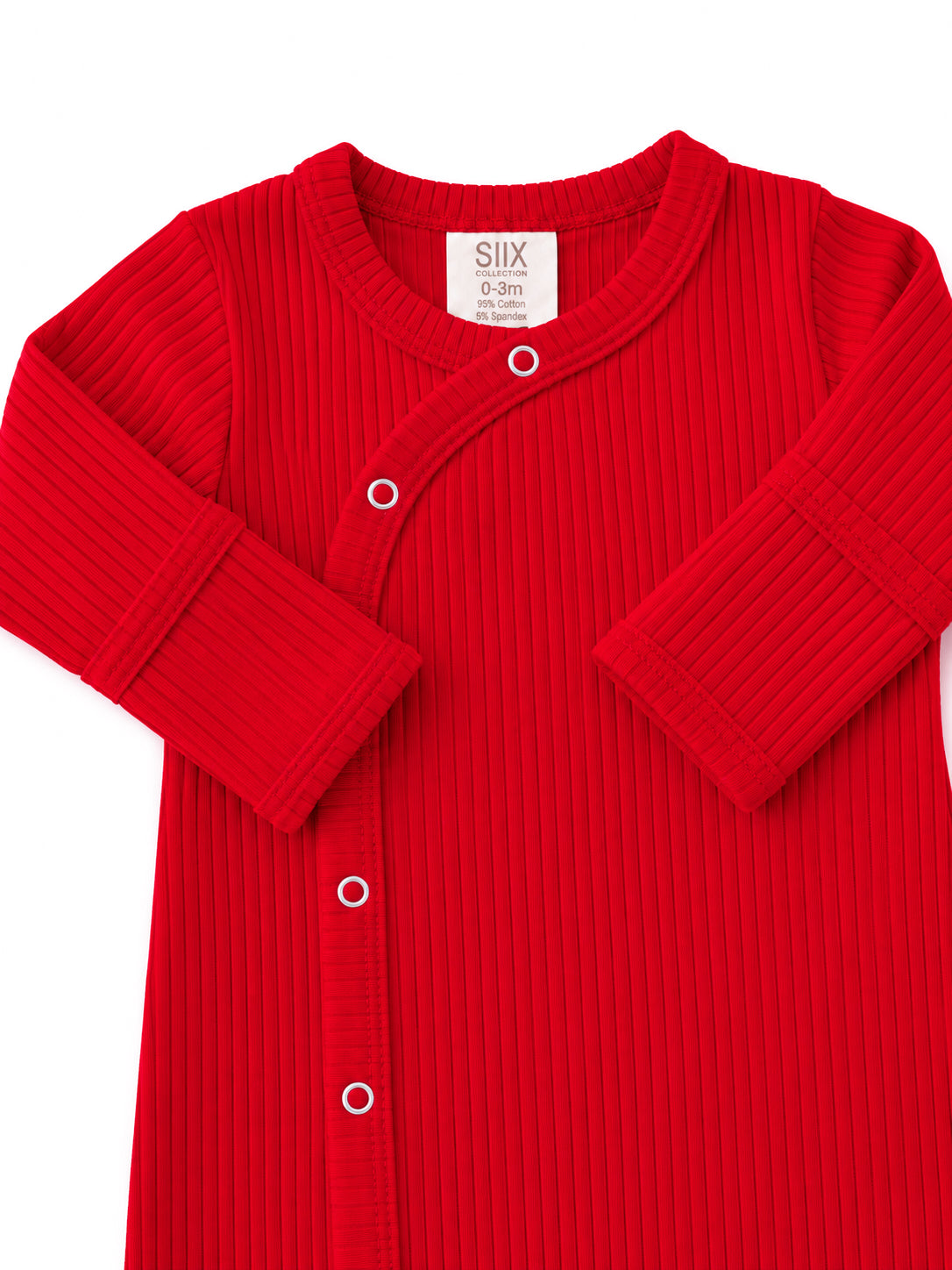 Red ribbed baby onesie with snap buttons, size 0-3 months, made from 95% cotton and 5% spandex.