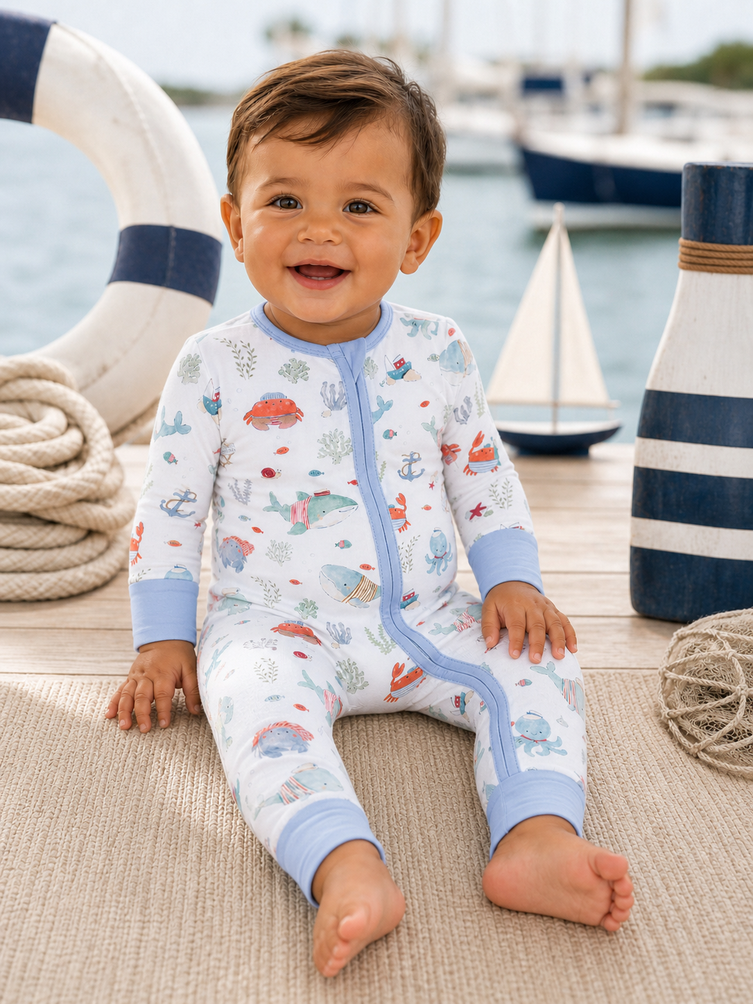 Smiling child in nautical-themed pajamas, seated on a wooden deck by the water, surrounded by marine decor.
