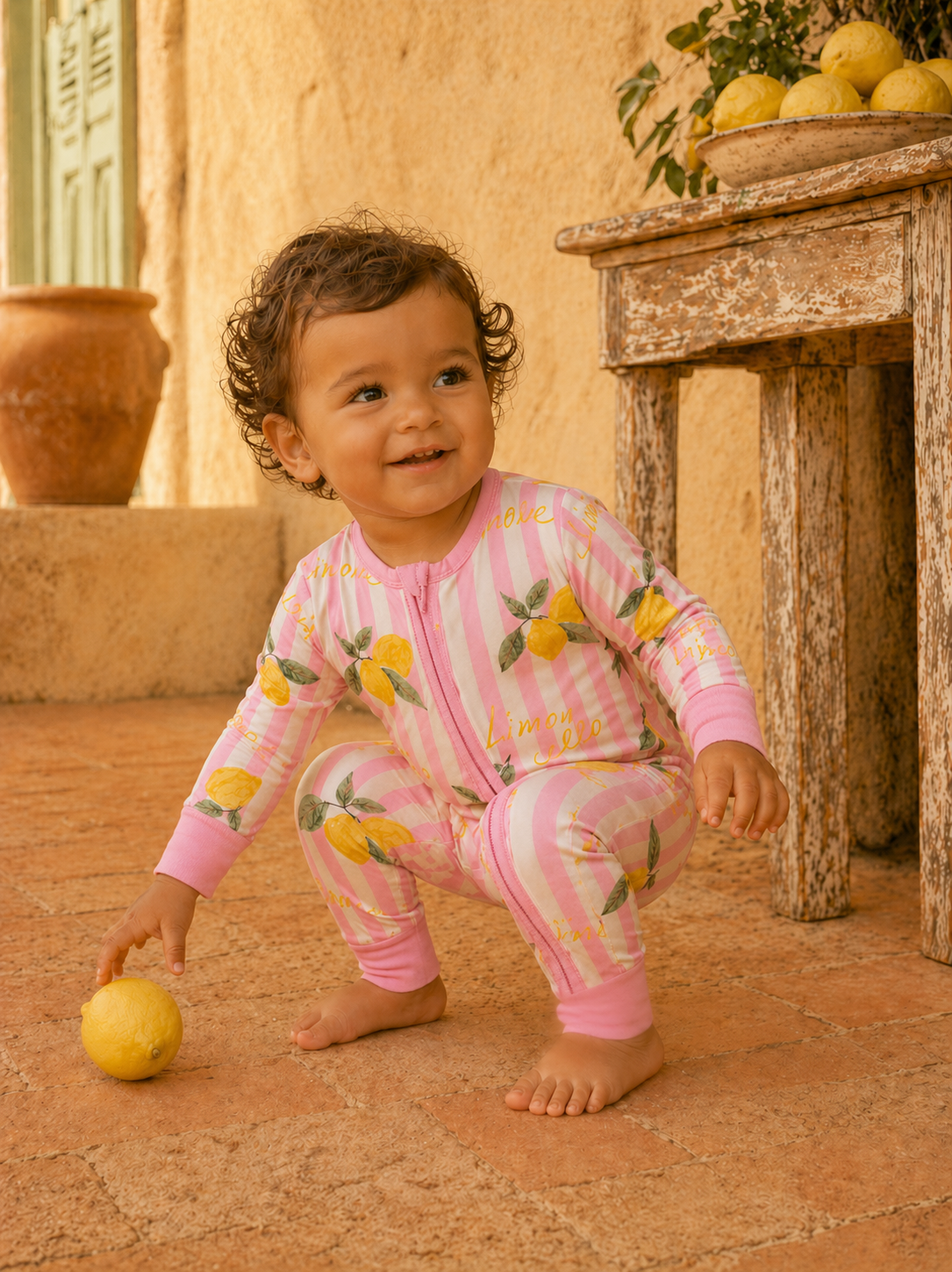 Smiling child in lemon-patterned pajamas squatting beside a lemon on a rustic outdoor surface.