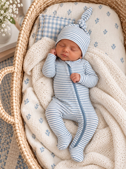 Newborn baby asleep in a cozy bassinet, dressed in blue and white striped sleeper with a matching hat.