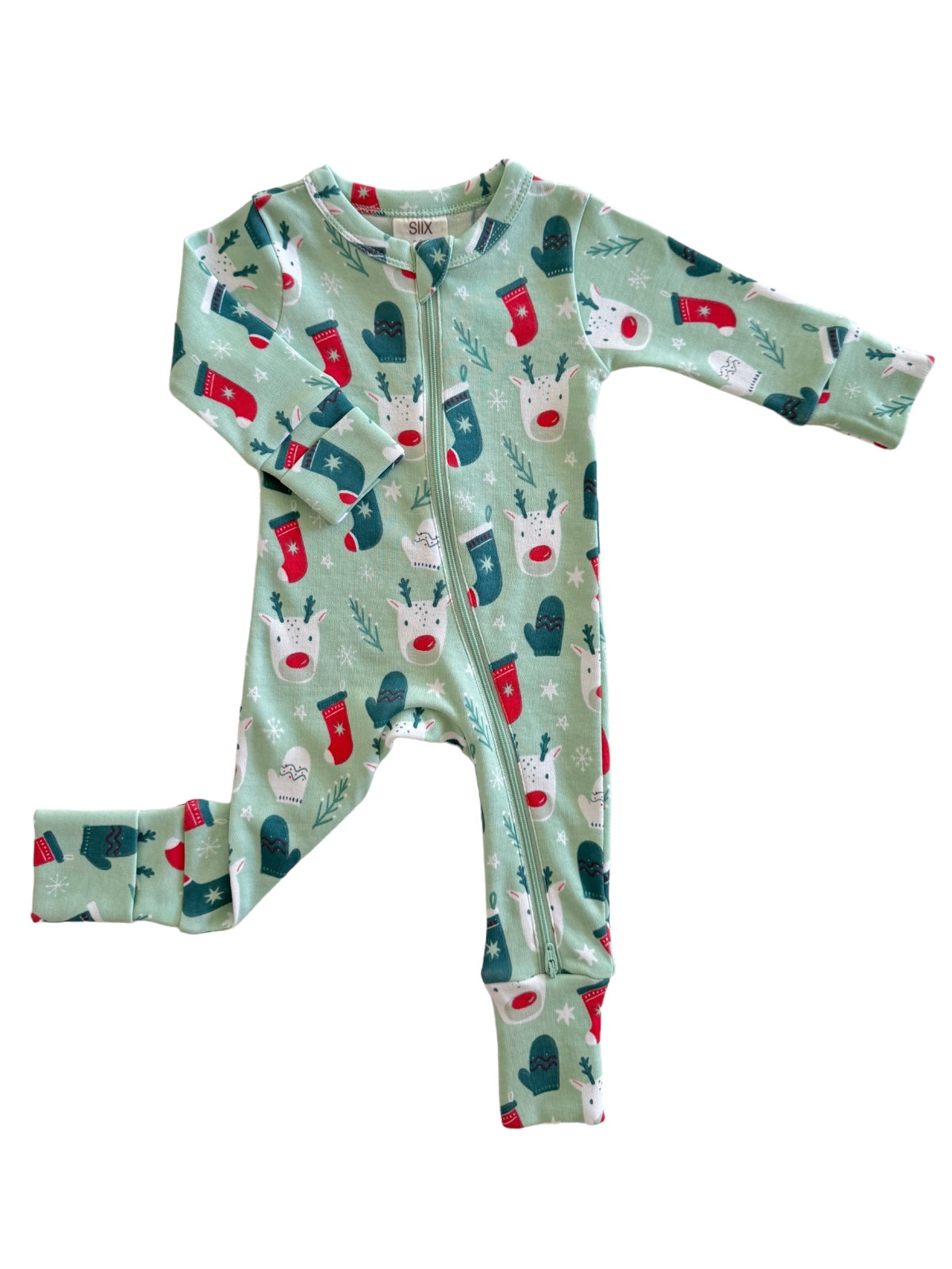 Green toddler onesie with festive patterns of reindeer, mittens, and snowflakes, featuring a front zipper.