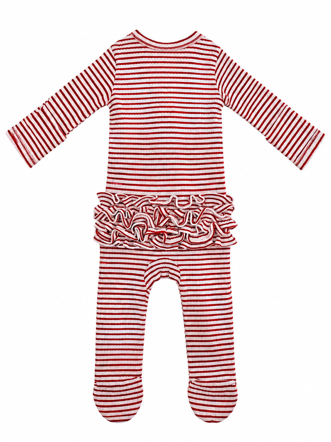 Red and white striped baby romper with long sleeves and ruffled waist, featuring footed legs. Ideal for infants.