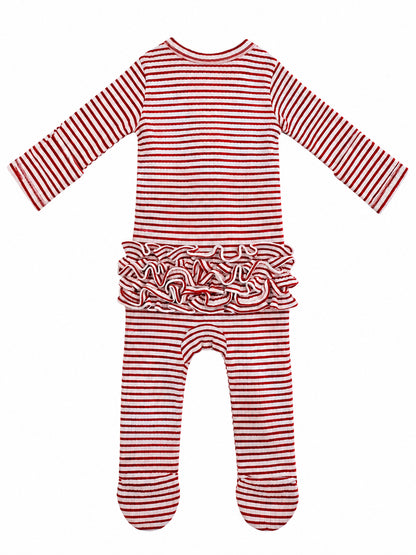Red and white striped baby romper with long sleeves and ruffled waist, featuring footed legs. Ideal for infants.