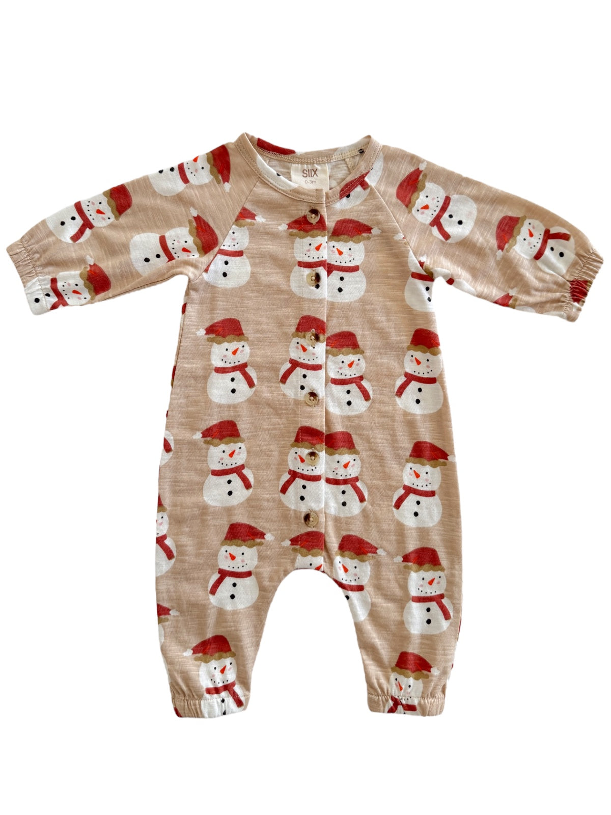 Infant onesie with a snowman design and red hats on a beige background, featuring button closure and long sleeves.