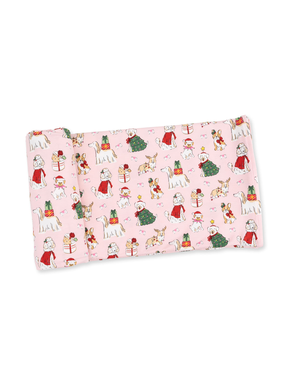 Pink fabric featuring holiday-themed dogs and cats with gifts and festive attire.