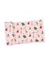 Pink fabric featuring holiday-themed dogs and cats with gifts and festive attire.