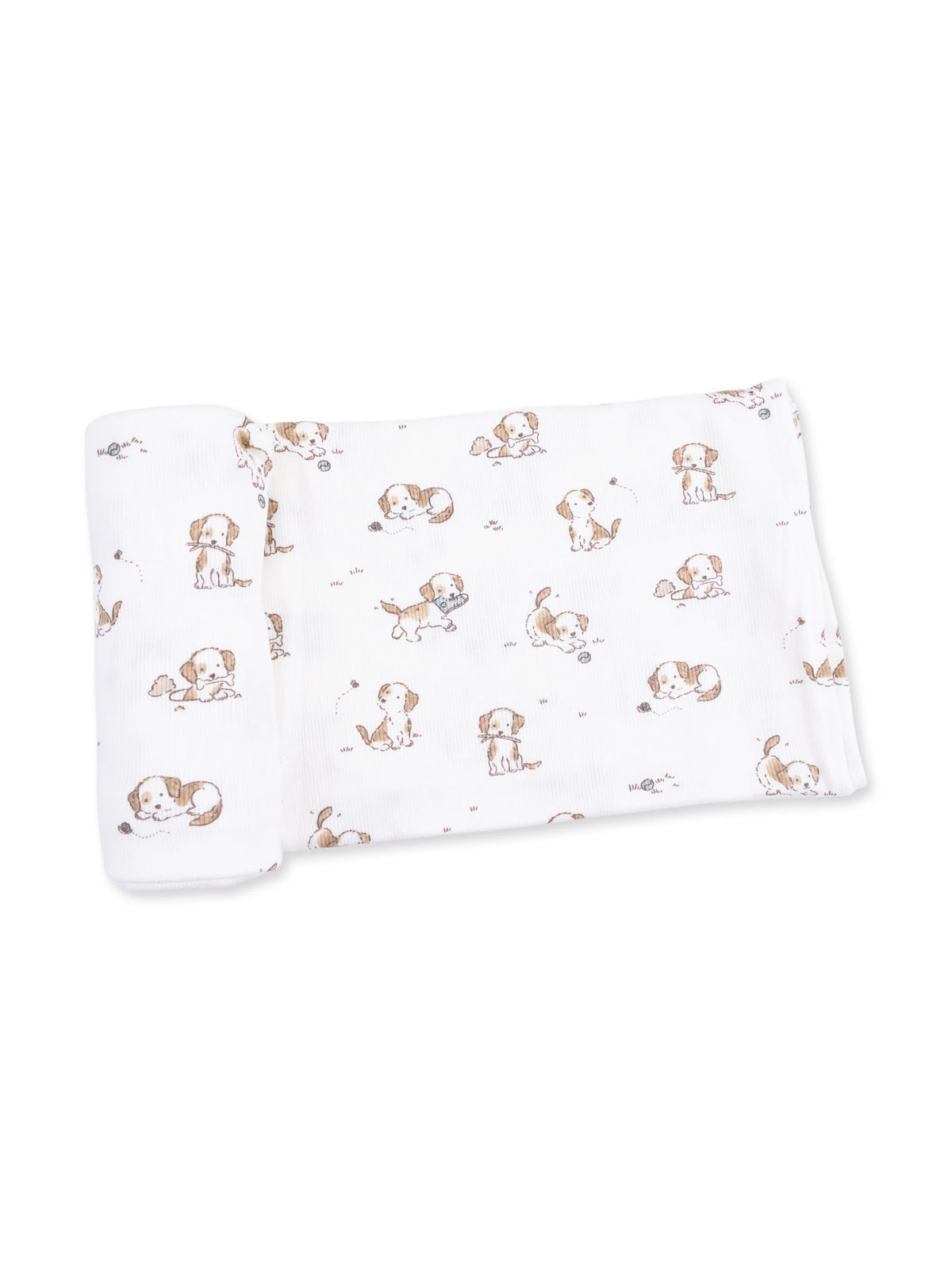 White blanket with a playful puppy pattern in soft brown tones. Ideal for infants and dog lovers.