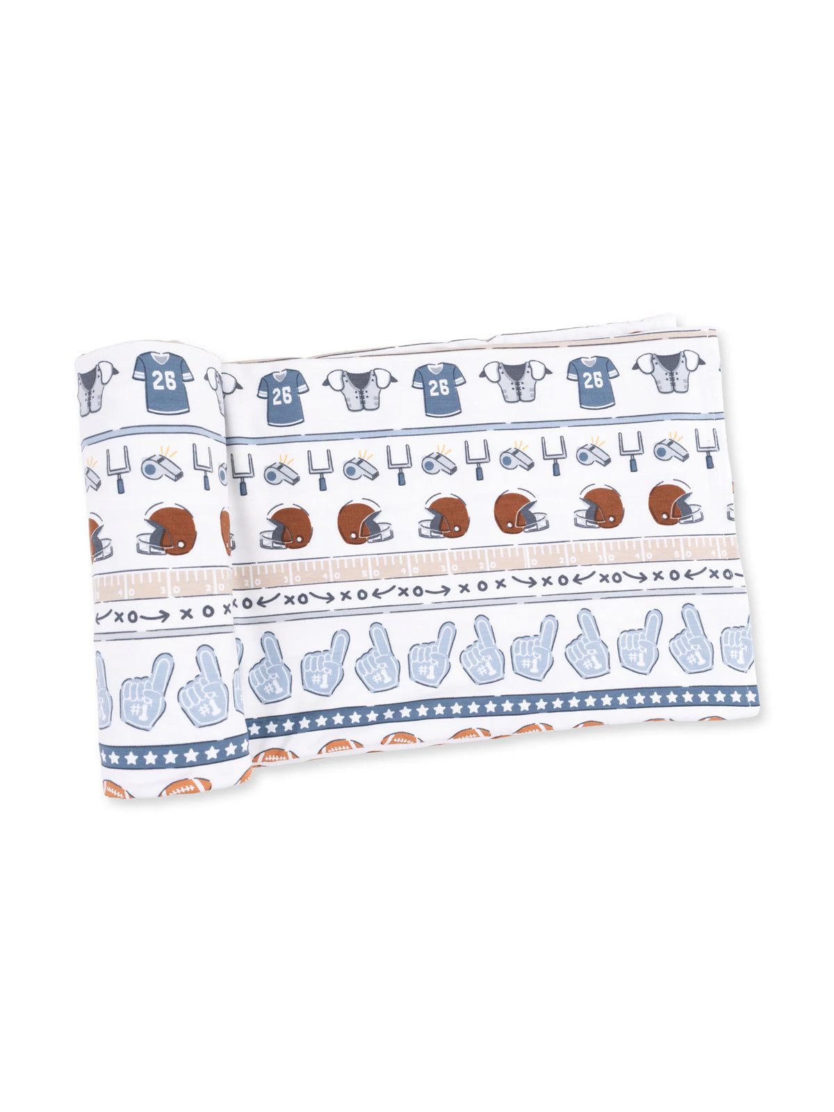 Football-themed wrapping paper featuring helmets, jerseys, and fan gestures.