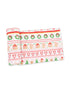 Festive wrapping paper featuring gingerbread houses, wreaths, and holiday motifs in red and green colors.