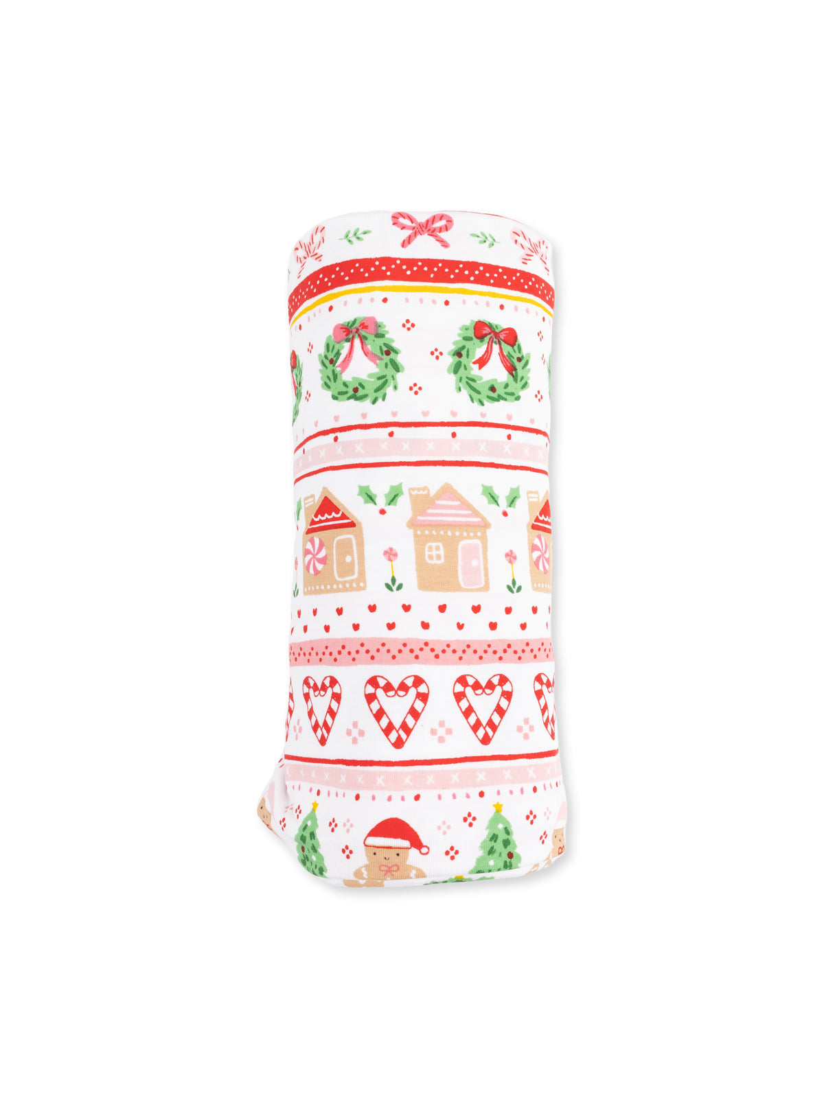 Holiday-themed fabric featuring wreaths, gingerbread houses, and candy canes in red, green, and white colors.