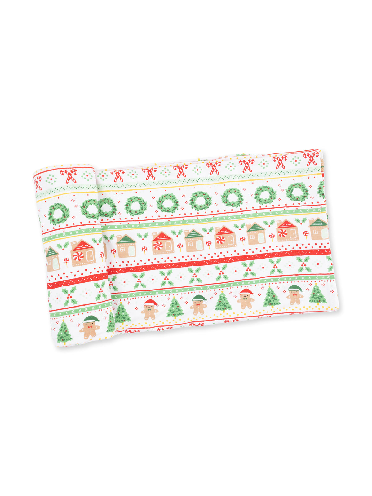 Holiday-themed wrapping paper featuring gingerbread men, wreaths, trees, and houses in festive colors.