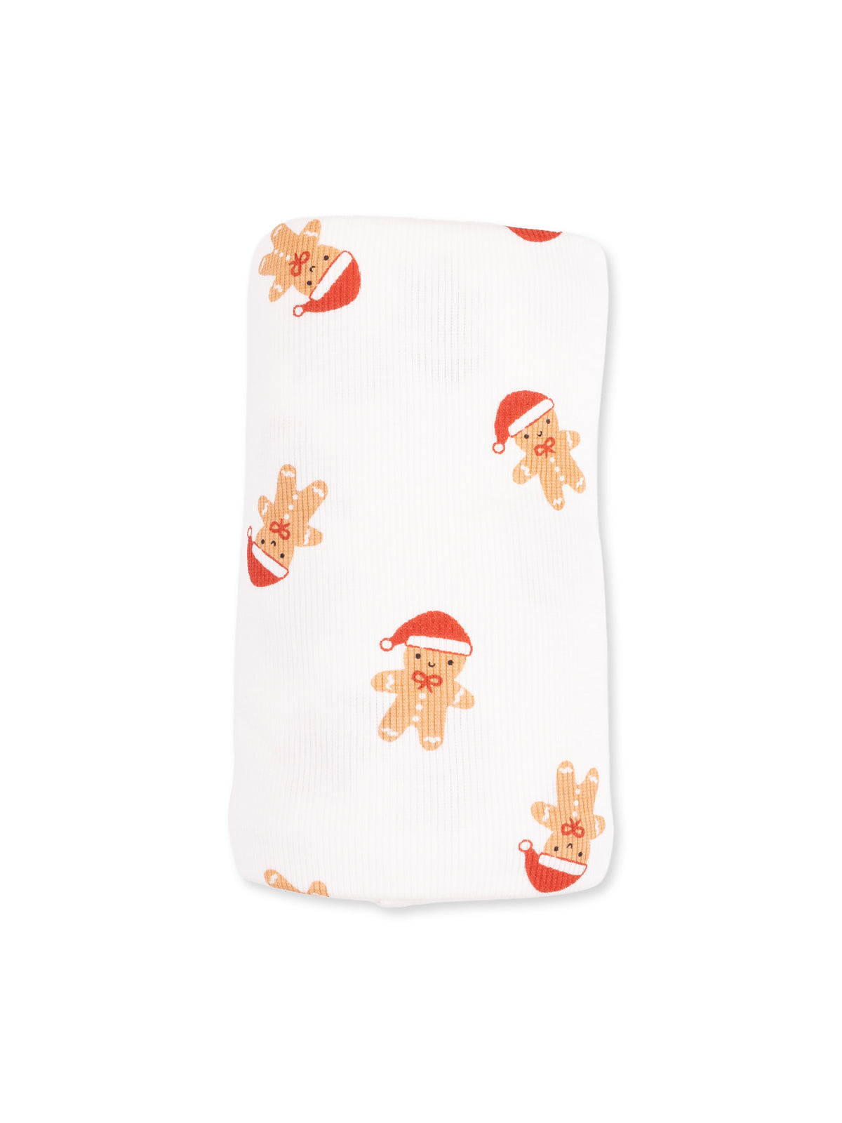 White fabric featuring cute gingerbread men wearing Santa hats.