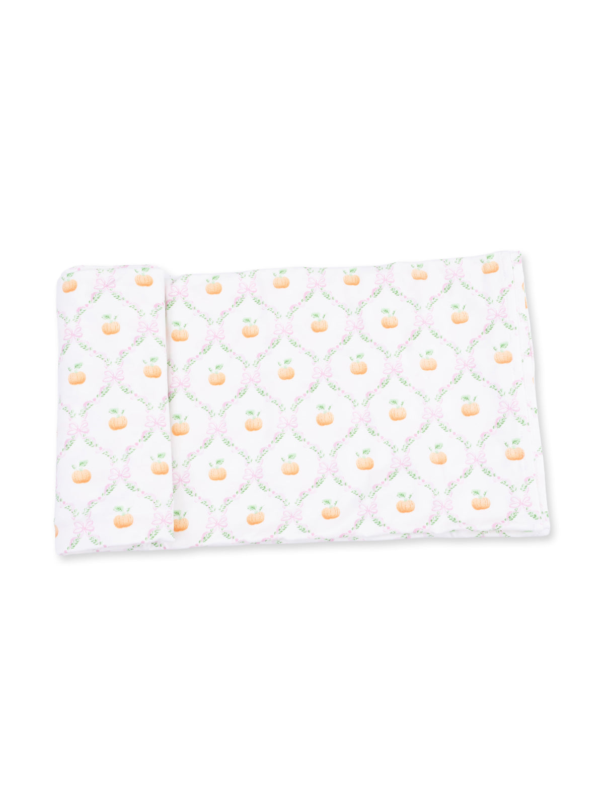 Patterned fabric featuring small pumpkins and floral designs on a white background.