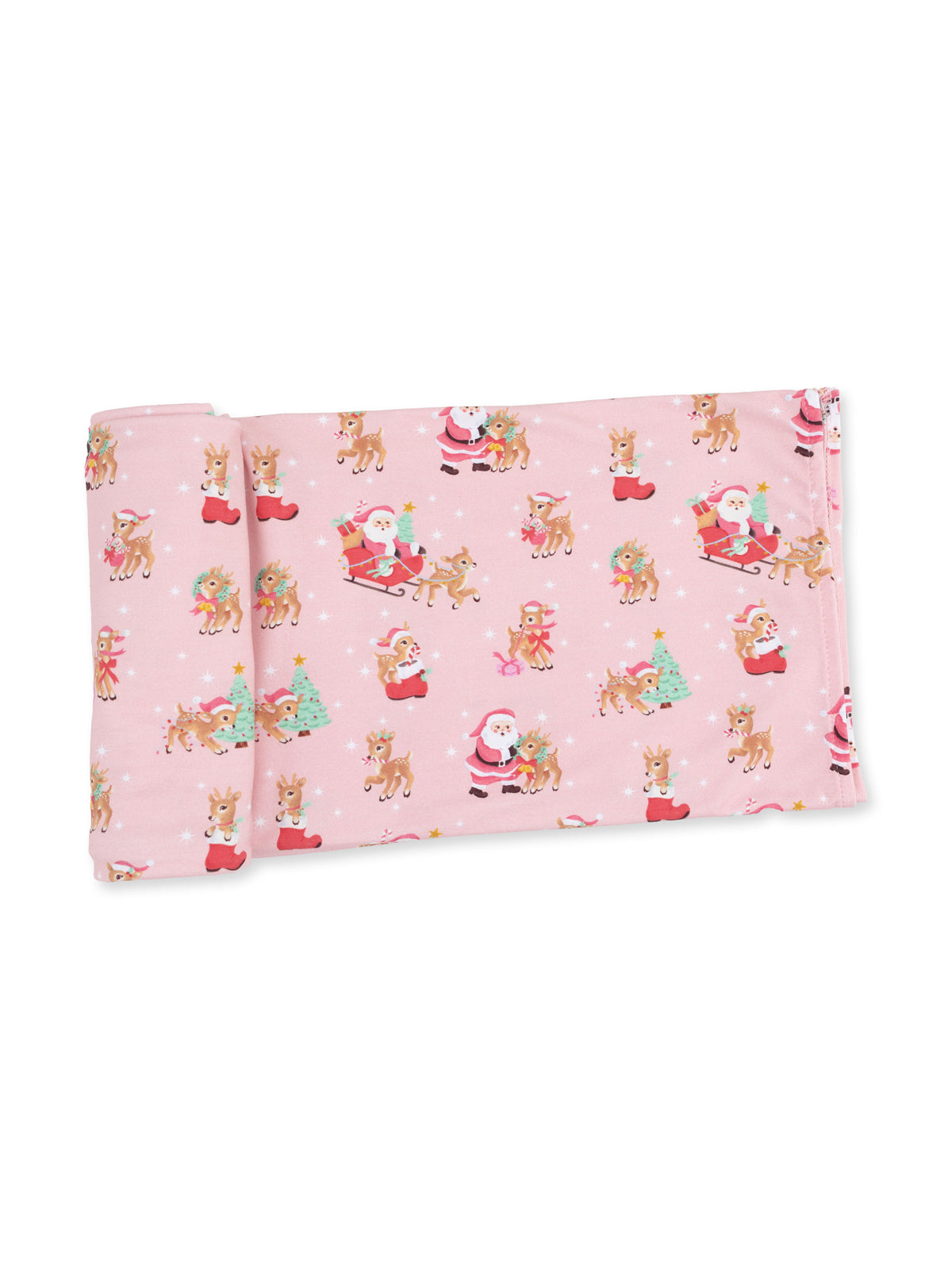 Pink fabric with festive Santa and reindeer illustrations against a snowy background. Perfect for holiday crafts.