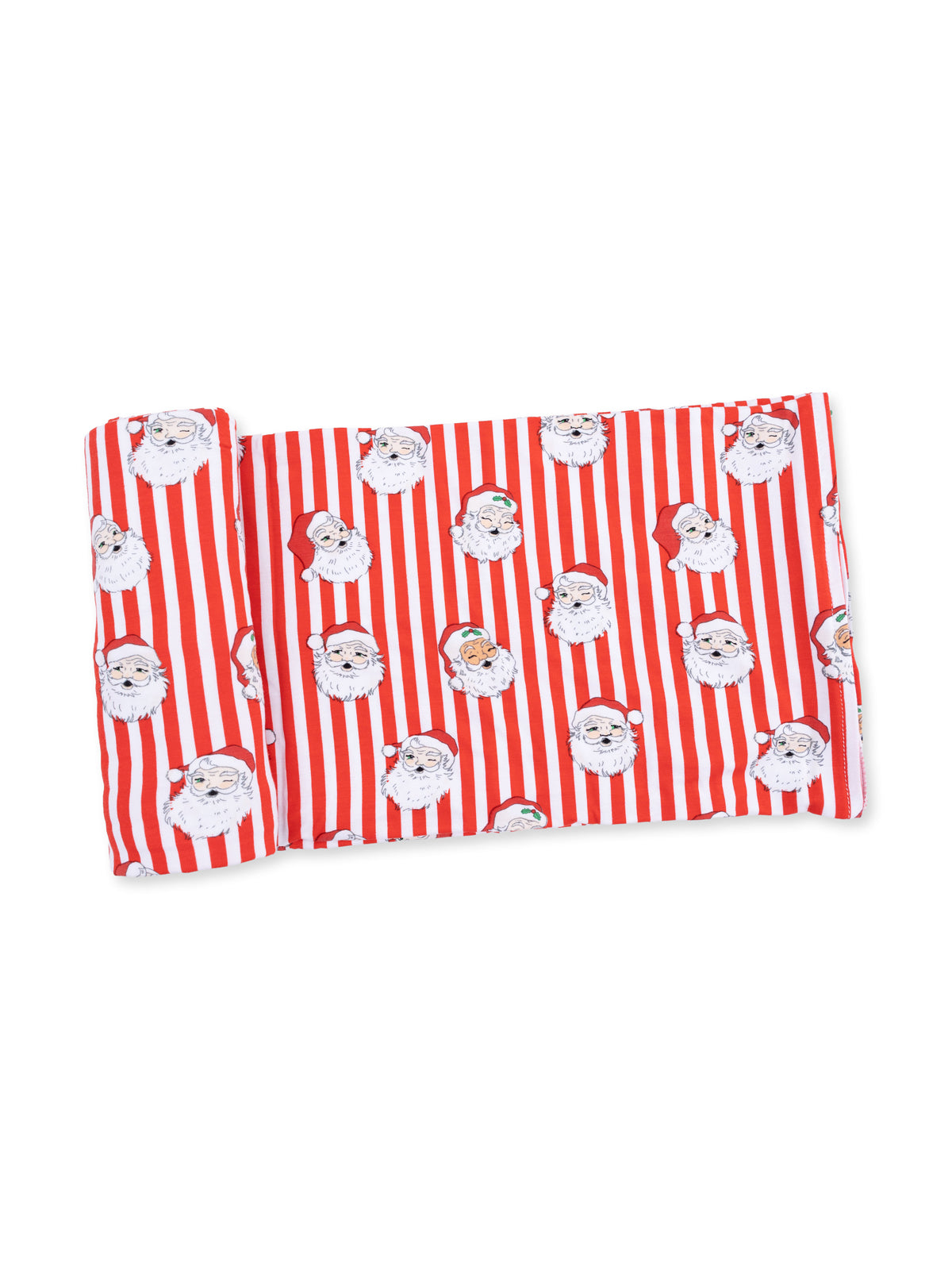 Red and white striped fabric featuring playful Santa Claus illustrations. Perfect for holiday-themed projects.