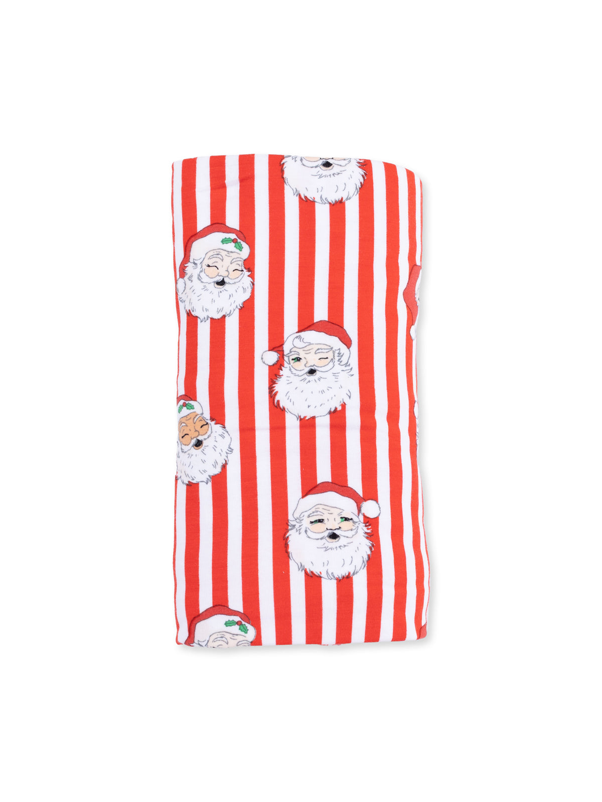 Red and white striped fabric featuring Santa Claus illustrations. Perfect for holiday décor or crafts.