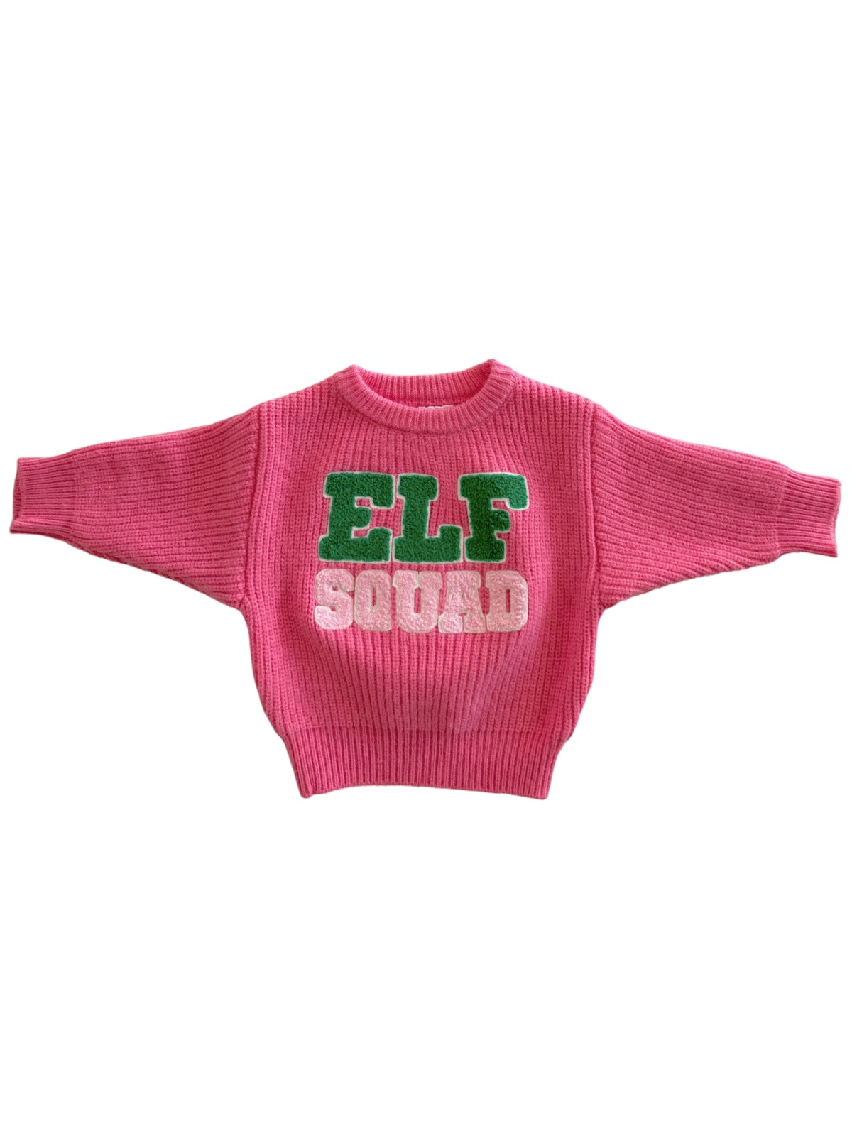 Pink sweater featuring the text "ELF SQUAD" in green and white letters. Perfect for holiday festivities.