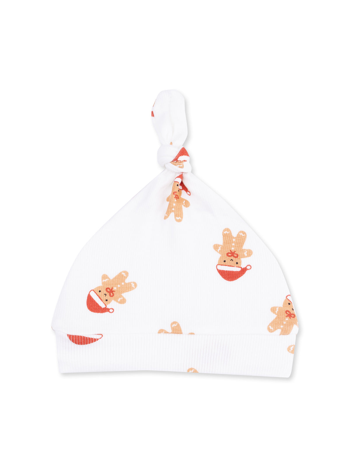 White baby hat featuring gingerbread man print with a knot on top. Ideal for warmth and cuteness.