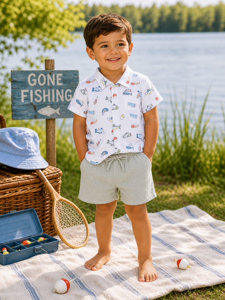 Smiling child in light shirt and shorts poses by lake with fishing gear, enjoying a sunny day outdoors.