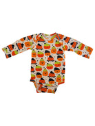 Long-sleeve baby onesie with colorful pumpkin and smiling face pattern. Perfect for fall and Halloween.