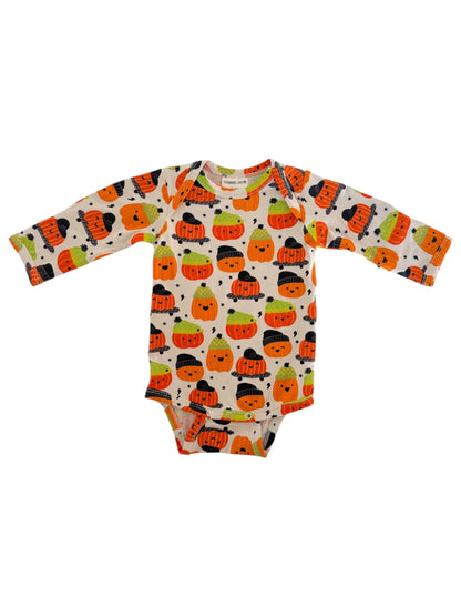 Long-sleeve baby onesie with colorful pumpkin and smiling face pattern. Perfect for fall and Halloween.