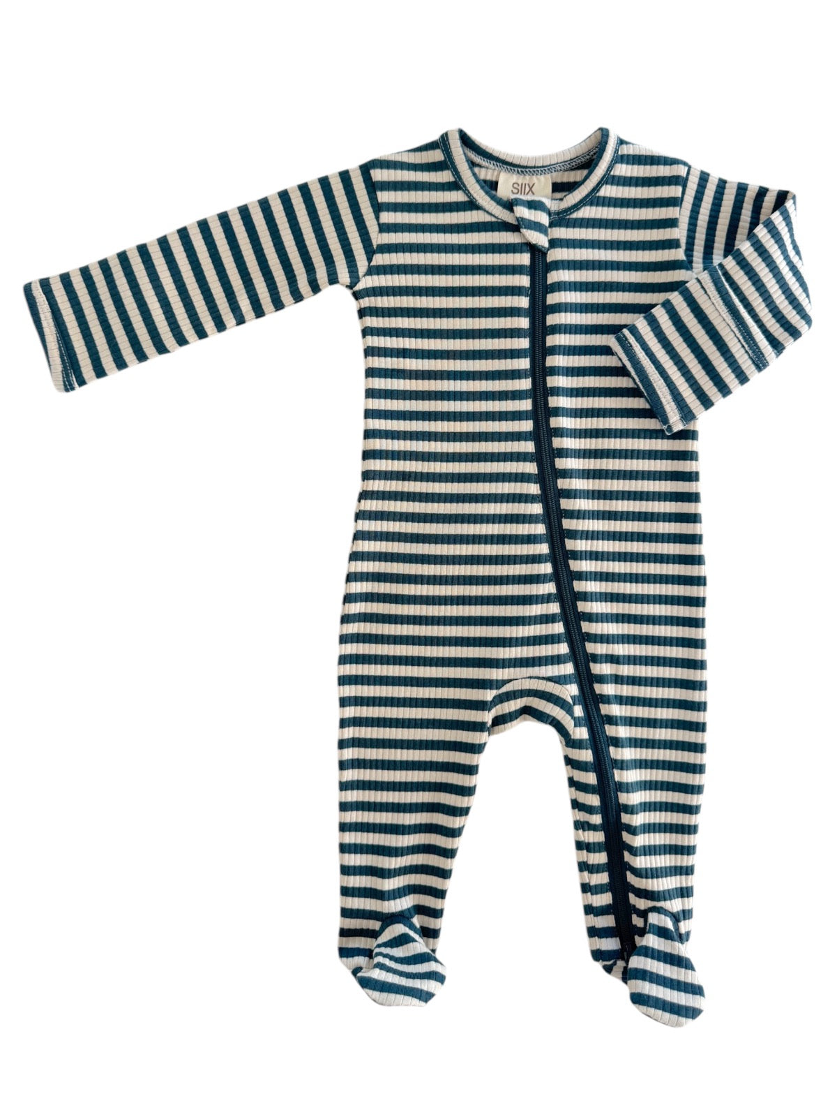 Striped baby onesie in blue and white with full-length sleeves and zip closure, designed for comfort and style.