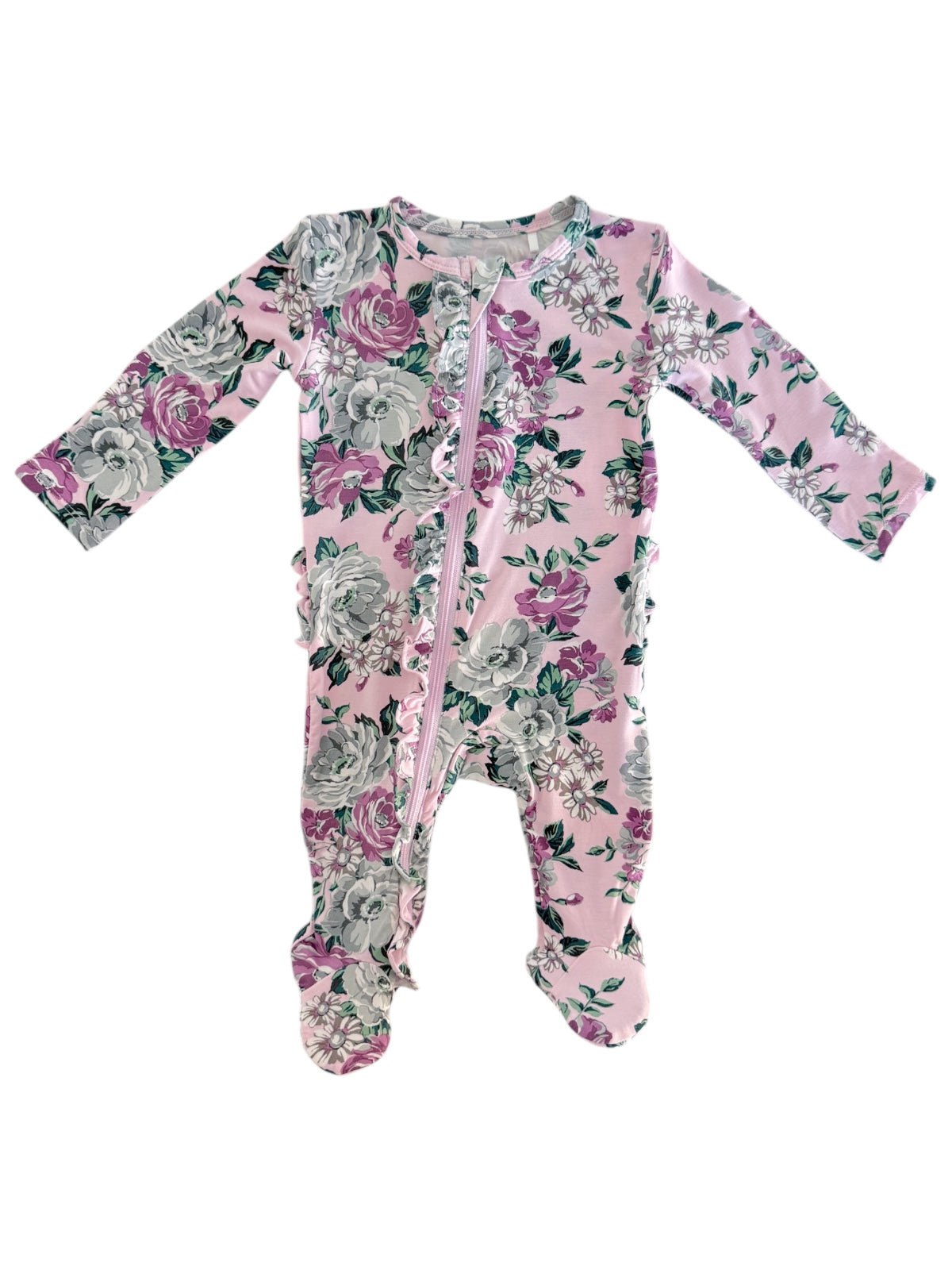 Floral baby onesie in pink, featuring long sleeves and a front zipper design. Ideal for comfort and style.