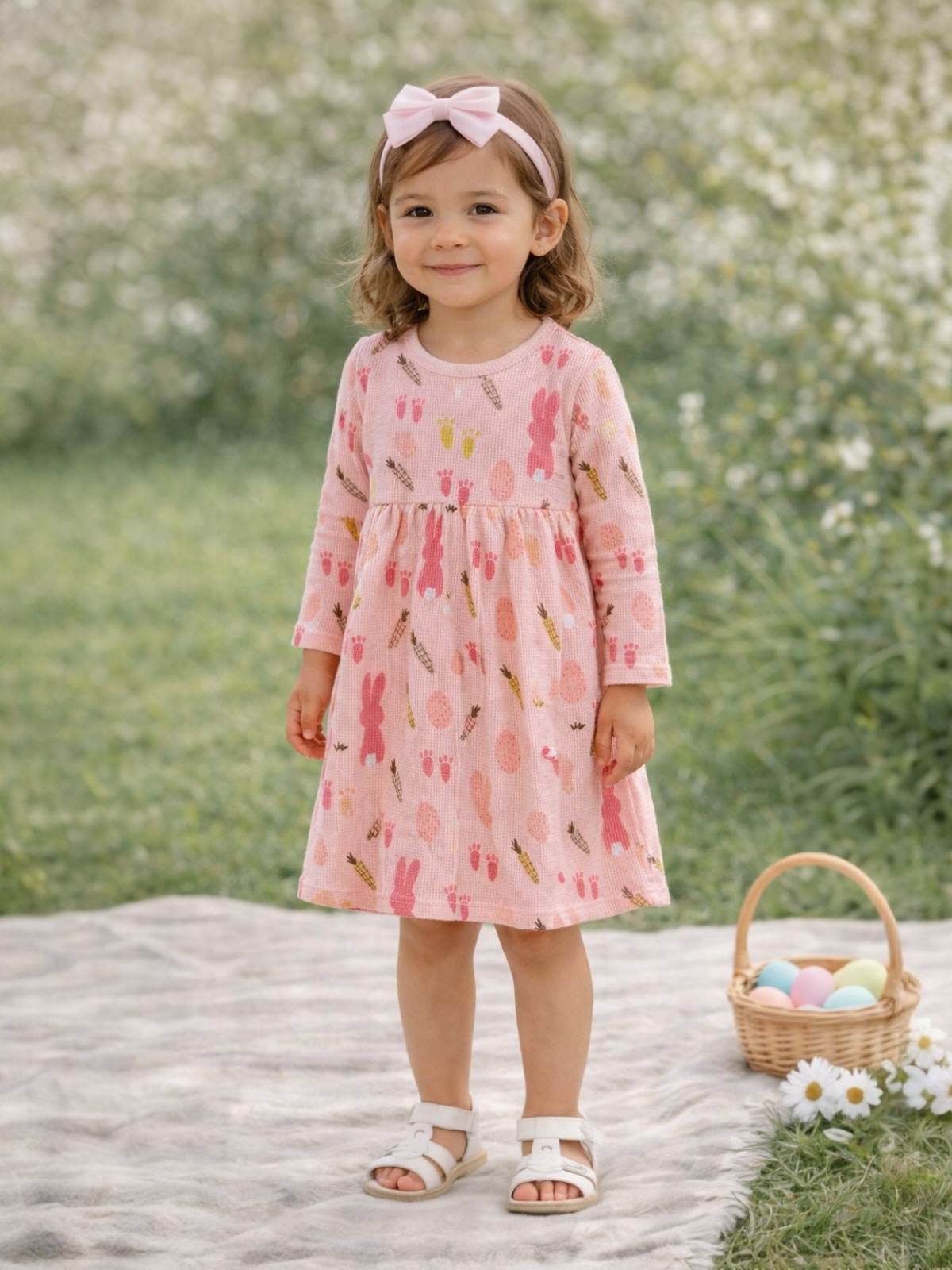 Smiling girl in a pink bunny-patterned dress with a headband, standing on grass near a basket of pastel eggs.