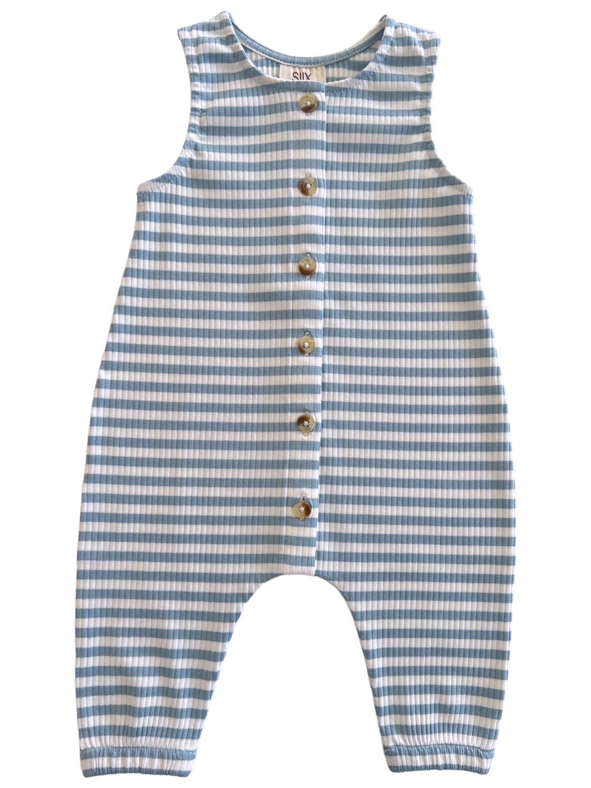 Light blue and white striped children's romper with button front and sleeveless design.