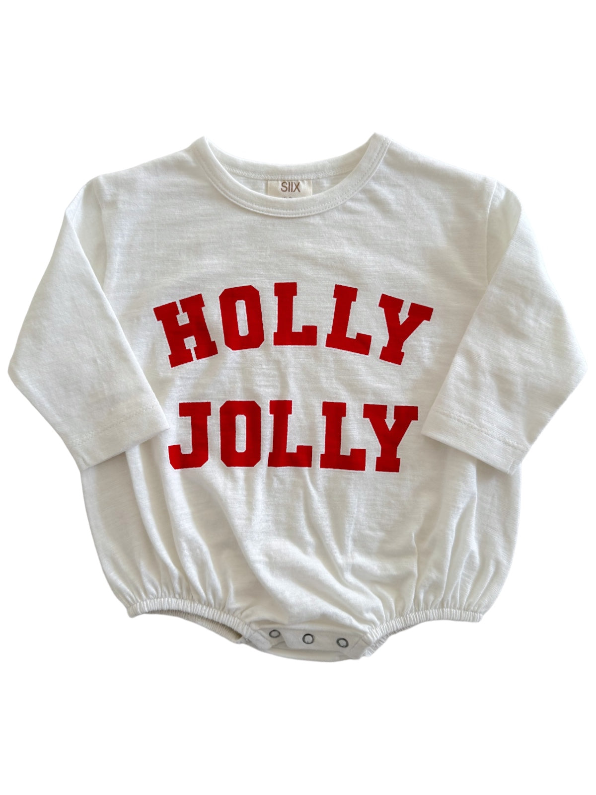 White long-sleeve onesie with red text reading "HOLLY JOLLY" on the front. Ideal for festive occasions.