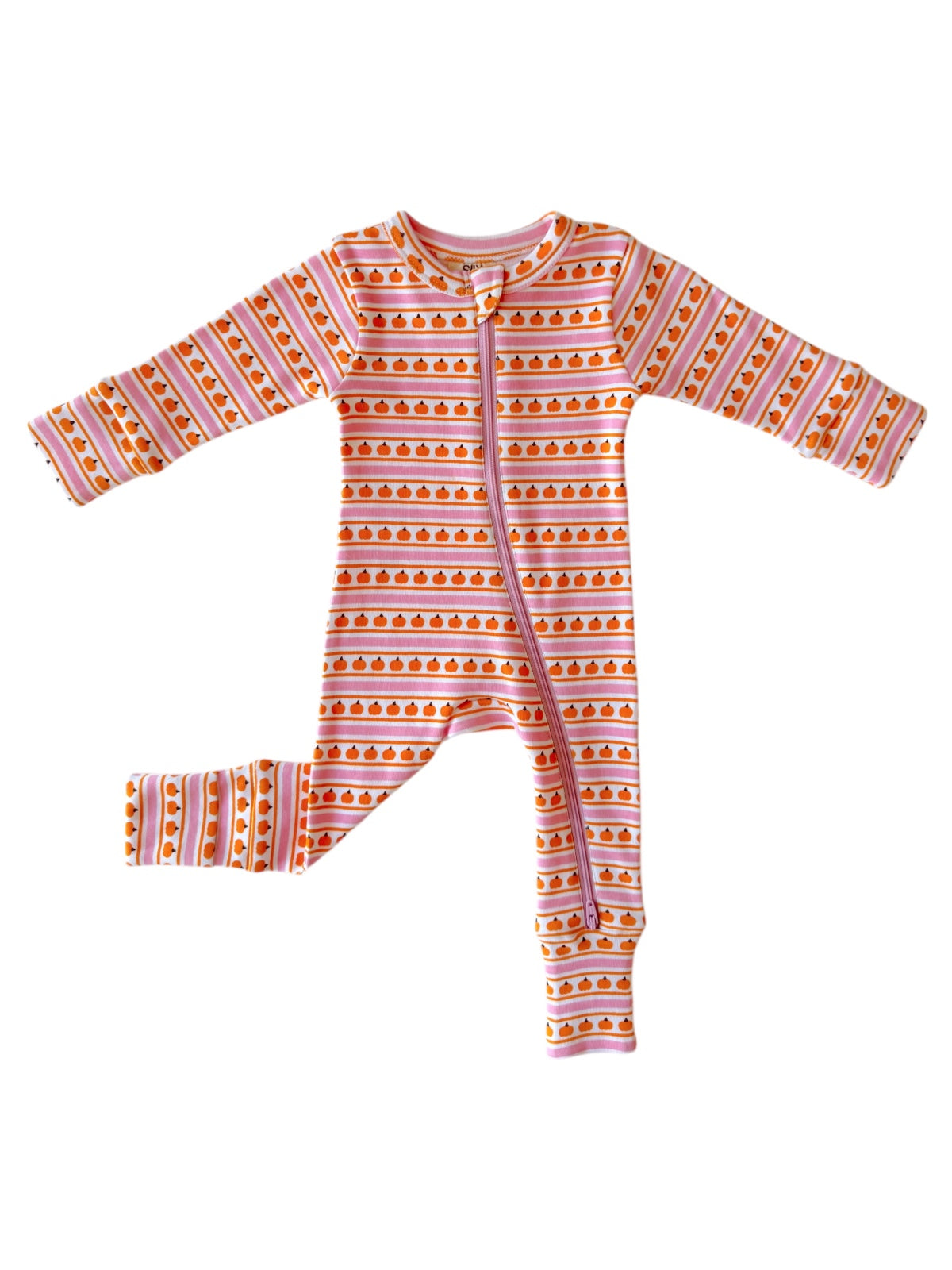 Colorful baby onesie with an orange pumpkin pattern and a front zipper, laid out flat on a white background.