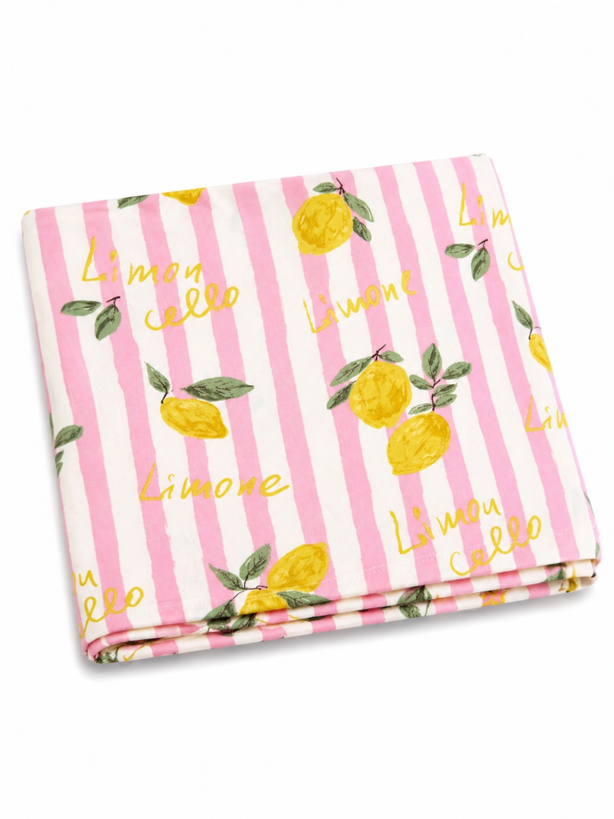 Colorful fabric with lemon and striped patterns in pink and white, featuring the word "Limoncello."