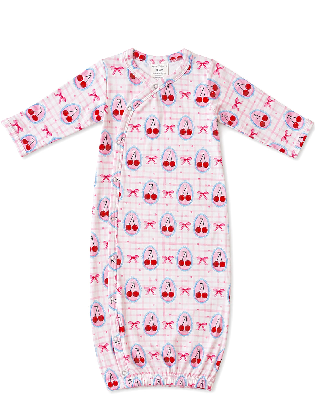 Pink baby gown with cherry and bow patterns, designed for infants 0-3 months, featuring a snap closure.