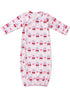 Pink baby gown with cherry and bow patterns, designed for infants 0-3 months, featuring a snap closure.