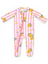 Pink striped baby romper with lemon prints and frill, featuring a front zipper for easy dressing.