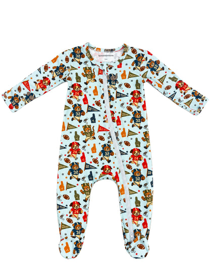 Baby onesie with colorful sports-themed animal prints, featuring footballs and cheer accessories.